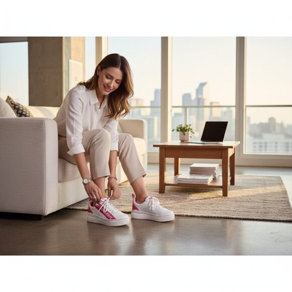 Michael Kors Alex Sneakers Femme Pointure 5.5 Blanc & Rose Cuir - Picture 1 of 8